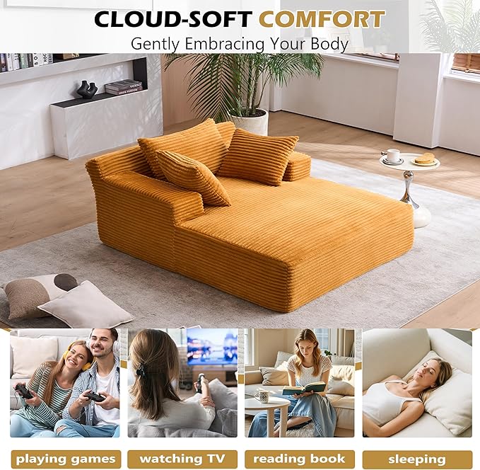 62 Chaise Lounge Chair Boneless Corduroy Sleep Sofa Bed with Three Soft Pillows Convertible Oversized Recliner Chair for Living Room Small Spaces Yellow