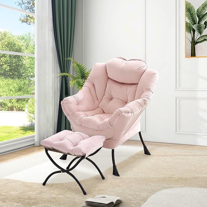 GarveeHome Lazy Chair with Ottoman Modern Lounge Accent Chair Leisure Sofa Armchair with Footrest Reading Armchair with Side Pocket for Living Room Bedroom Dorm &amp Office