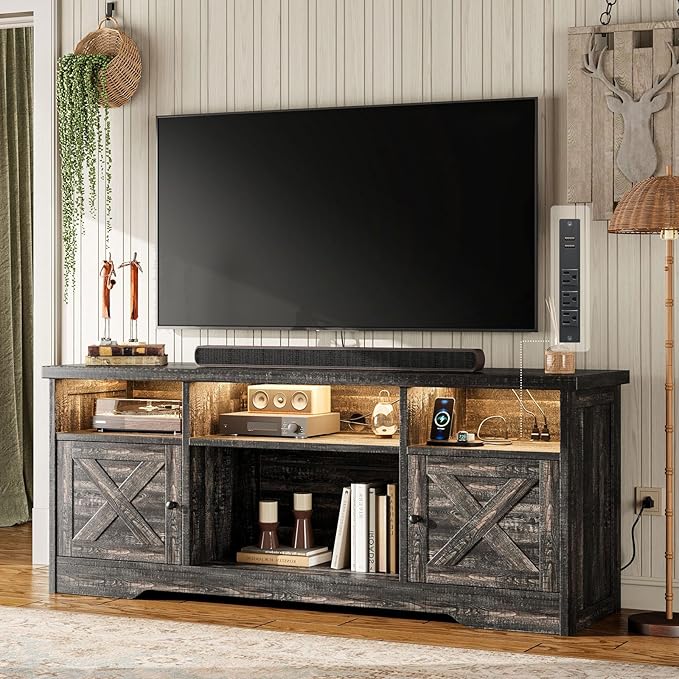 Casaottima TV Stand for 65 Inch TV Farmhouse Entertainment Center with Power Outlet &amp LED Light and Storage Cabinets Console Table and Media Furniture for Living Room Bedroom Dark Oak