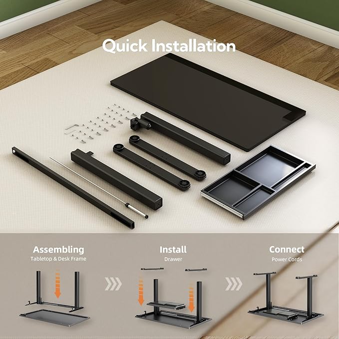INNOVAR Glass Standing Desk with Drawers 40 x 24 Inches Electric Height Adjustable Desk Tempered Glass Top Stand Up Desks for Home and Office Black
