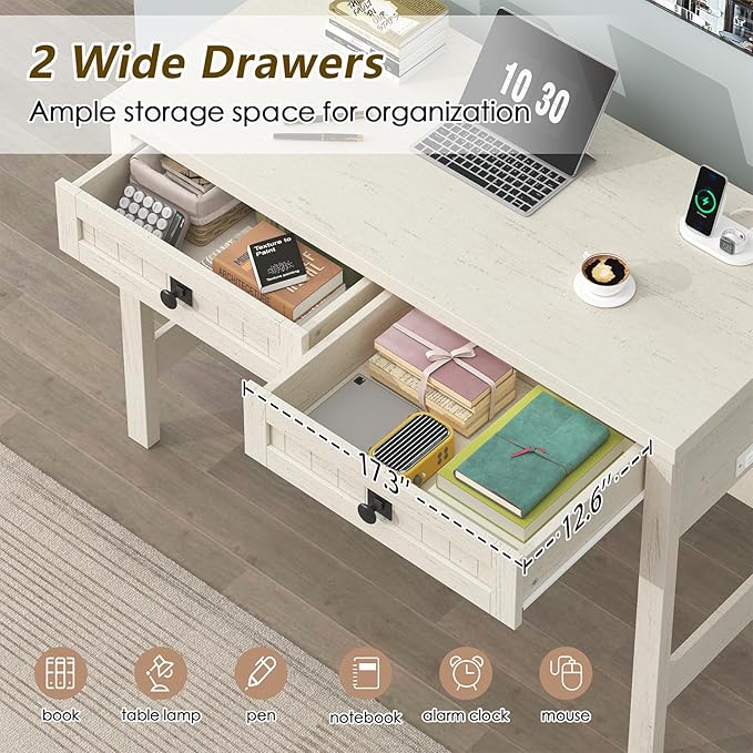 Farmhouse Computer Desk with 2 Drawers 39 Inch Small Office Computer Desk with Power Outlets Compact Writing Study Vanity Desk for Small Spaces White