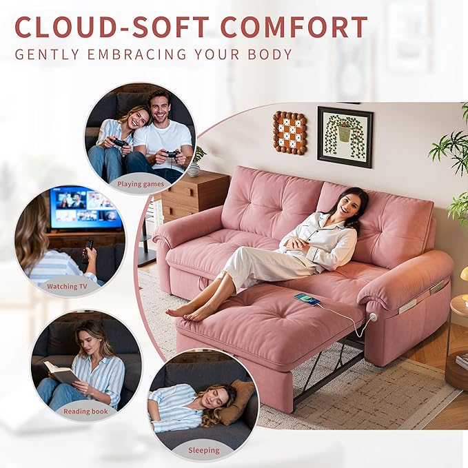 78'' Convertible Sofa Bed 2-in-1 Velvet Sleeper Sofa for Small Spaces Modern Loveseat &amp Guest Bed Apartment &amp Dorm Furniture Pink