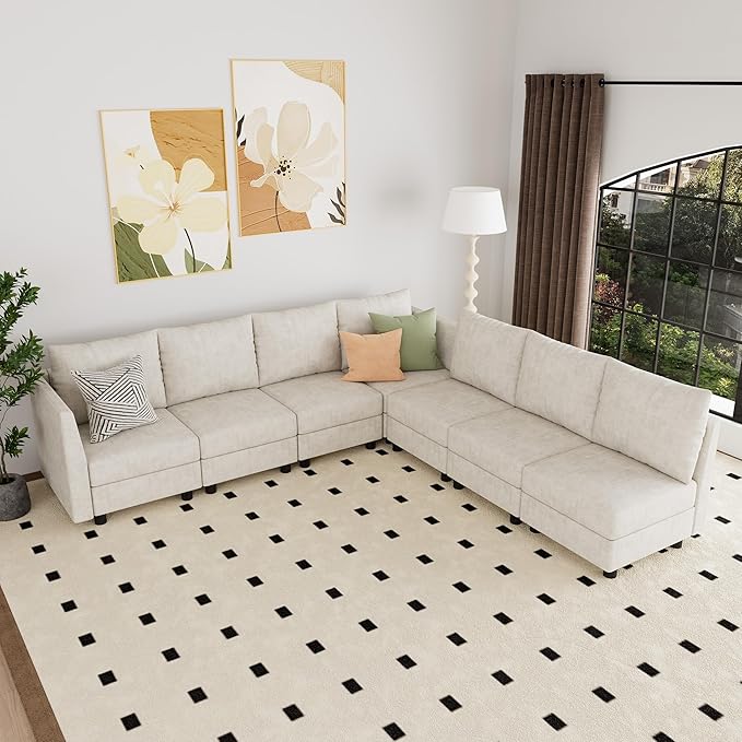 Fiona's magic Modular Sectional Sofa Set 7 Seats Sleeper Sofa Couch with Storage Sectional Sofa Couch with USB Charging Port Modern Comfy Chenille Couch for Living Room Beige