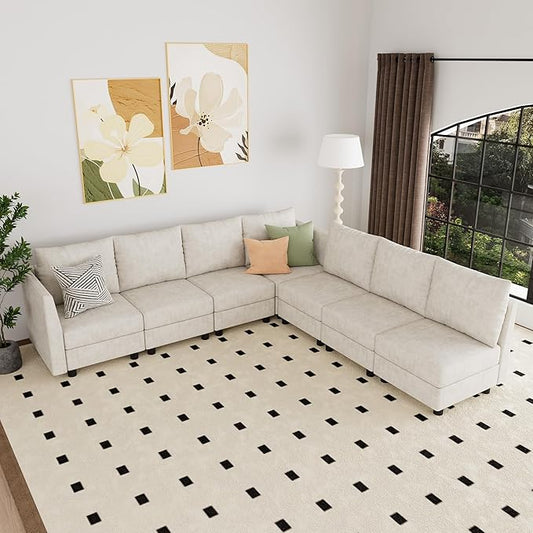 Fiona's magic Modular Sectional Sofa Set 7 Seats Sleeper Sofa Couch with Storage Sectional Sofa Couch with USB Charging Port Modern Comfy Chenille Couch for Living Room Beige