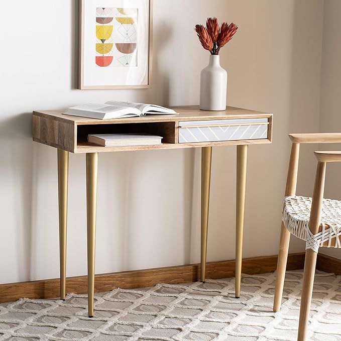 Safavieh Home Office Leni Modern Natural and Grey and Brass 1-drawer Desk