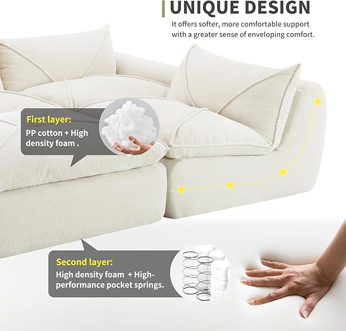 116'' Oversized Modular Sofa Fully Compressed 4 Seat Spacious Foam-Filled Sofa Bed for Living Room Free Combination Friendly Design L-Shaped Comfy Couches No Assembly Required (White-QJ88)
