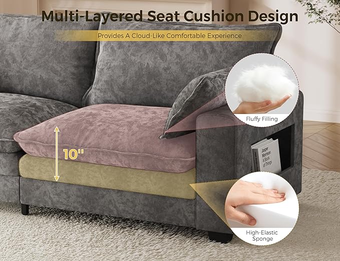 80 Cloud Sofa Loveseat for Living Room 2-Seats Couches with Wide Armrest Storage Charging Station Led Lights Modern Chenille Fabric Sofa for Small Space Grey