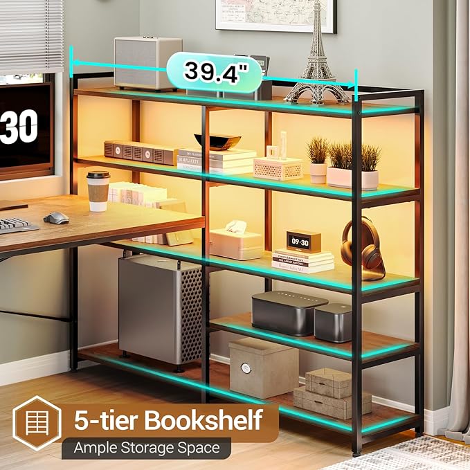 SEDETA L Shaped Desk with Storage Shelves 64.5 Reversible U Shaped Office Desk with 3 Fabric Drawers Gaming Desk with Power Outlet &amp LED Strip for Home Office Rustic Brown