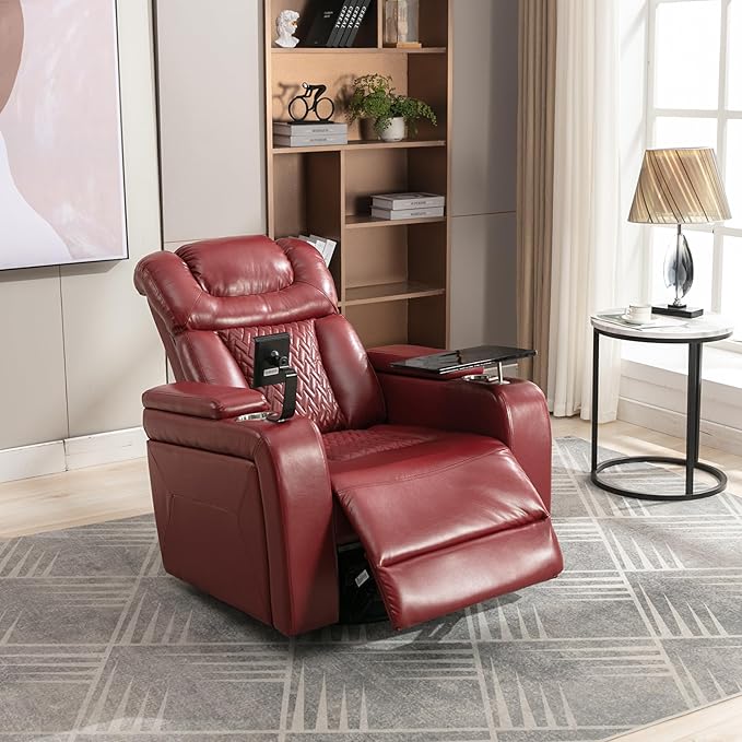 270 Degree Swivel PU Leather Power Recliner Individual Seat Home Theater Recliner with Comforable Backrest Tray Table Phone Holder Cup Holder USB Port Hidden Arm Storage for Living Room Red