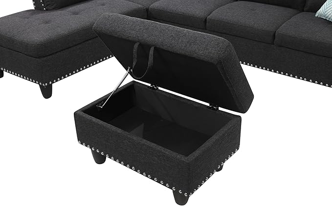 98 Left Hand Facing Sofa with Ottoman and Manufactured Wood FrameL-Shaped Design Sectional Chaise W/Rounded Arms &amp Nailhead Trimfor DormApartmentStudioOfficeCharcoal Grey