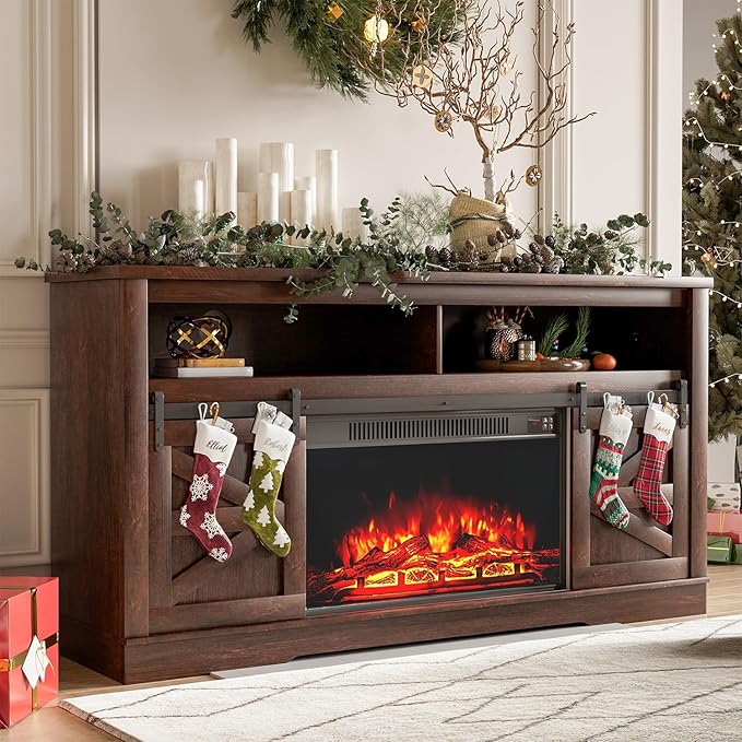 YESHOMY Fireplace TV Stand for Television up to 65+ Inch with Storage and Farmhouse Sliding Barn Doors Entertainment Center with Cabinet and Shelves Media Console for Living Room Dark Brown
