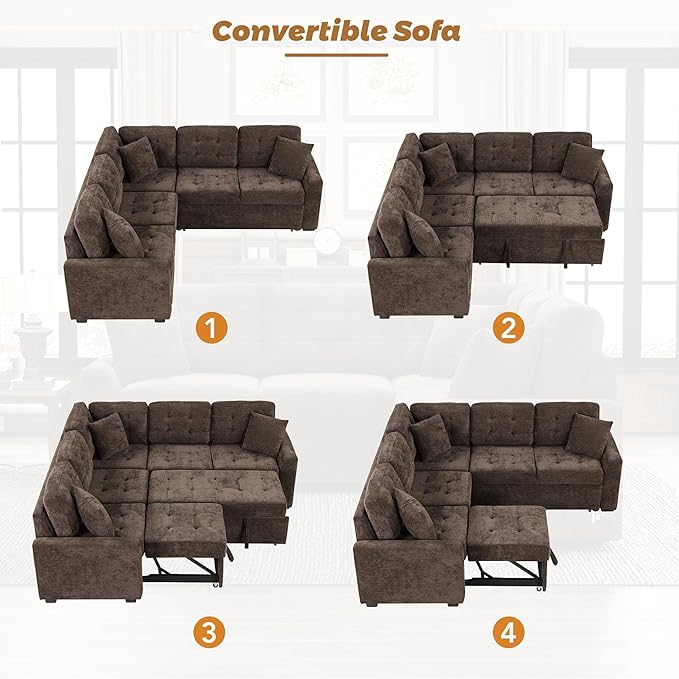 82.6 L-Shape Sofa Bed with Wheels Pull-Out Sleeper Sofa with USB Ports and Power Sockets Multifunctional Convertible Sectional Sofa Set for Living Room Bedroom (Brown-11x)