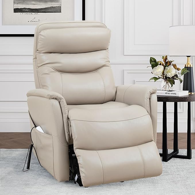 Parker Living Gemini - Softy Ivory Power Lift Recliner Chair with Articulating Headrest 90% Polyester 10% PU Upholstery Electric Recliner for Living Room Bedroom