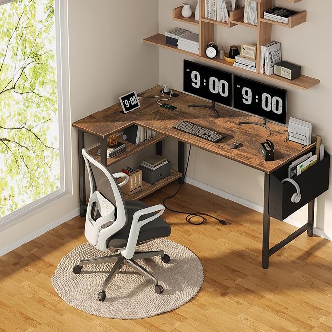 Lufeiya L Shaped Computer Desk with Power Outlet Shelves 47 Inch Corner Desk for Home Office Bedroom L-Shaped Study Writing Working PC Desks Rustic Brown