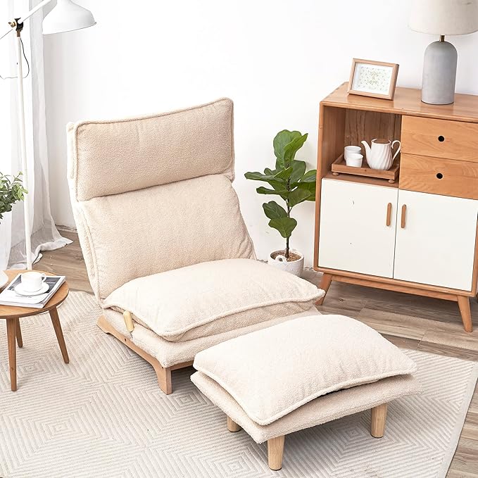 Floor Chair Single Lazy Sofa Leisure Balcony Reclining Japanese Tatami Adjustable Recliner with Ottoman for Living Room Bedroom Indoor Use (Stacked Footstool Beige)