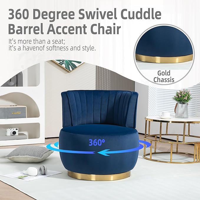 25.2 360 Degree Swivel Barrel SofaRound ArmchairsUpholstered Velvet Sofa ChairComfy Round Accent Sofa Chair for Living RoomBedroomOfficeWaiting RoomsNavy