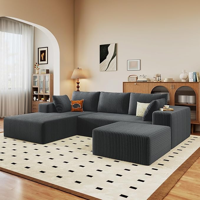 96 W Cloud Sectional Couch with OttomanModern U-Shaped Cloud Couch with Deep SeatComfy Corduroy 3-Seater SofaMemory Foam Sofa for Living RoomNo Assembly (Dark GreyLeft-Facing Chaise)