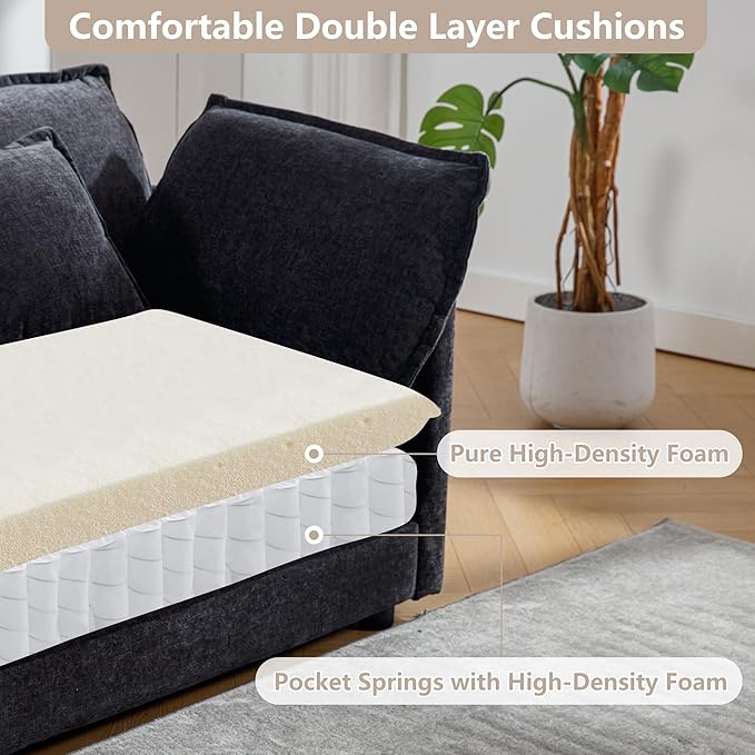 113.4 Deep Seat Sectional Cloud Sofa with an Ottoman Oversized U Shaped Modular Couch Large 5 Seater Corner Couches for Living Room Black Chenille
