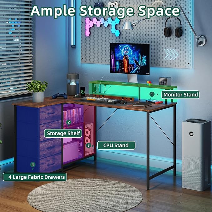 Somdot 53 L Shaped Desk with 4 DrawersHome Office Desks with Power OutletsGaming Desk with USB Charging Port and Host Stand Corner Desk with Storage Shelves for GamingWood Grain Print