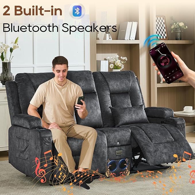 URRED Manual Reclining Loveseat Sofa with Console Double Recliner RV Couch with Bluetooth Speakers USB &amp Power Outlet Cup Holders Pillow and Side Pocket for Home Theater Velvet Grey