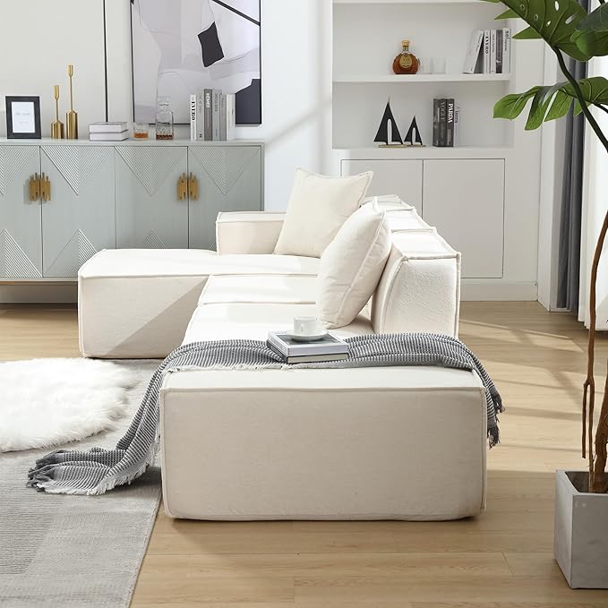 129.5'' Towelling Fabric L-Shaped Modular Sectional Sofa Tofu Block Floor Sofa with 3 Pillows for Living Room (Beige Left-Hand Facing)