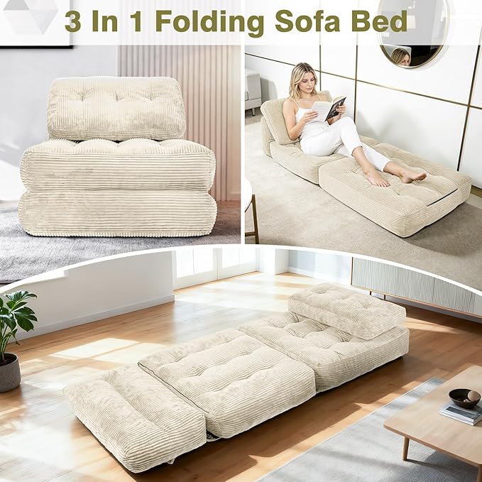 Art3d Folding Sofa Bed Convertible Sleeper Sofa Bed with Pilow &amp Back Support 3 in 1 Long Futon Boneless Couch Comfy Floor Couch for Living Room Bedroom Beige