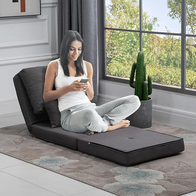 HOMCOM Convertible Flip Chair Floor Lazy Sofa Folding Upholstered Couch Bed with Adjustable Backrest Metal Frame and Pillows for Living Room Bedroom Dark Grey
