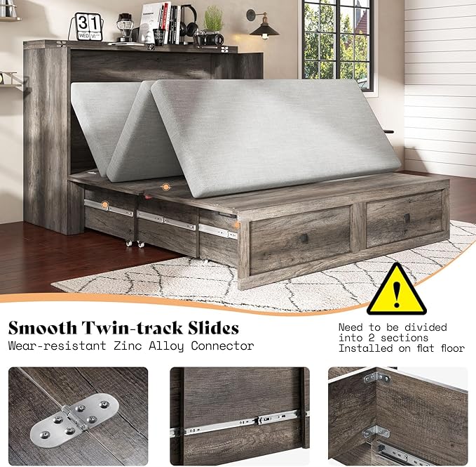 AMERLIFE Queen Murphy Bed with Storage &amp Charging Station Farmhouse Murphy Cabinet with Foldable Panel Noisy Free for Living Room Guest Bedroom Office Rustic Grey