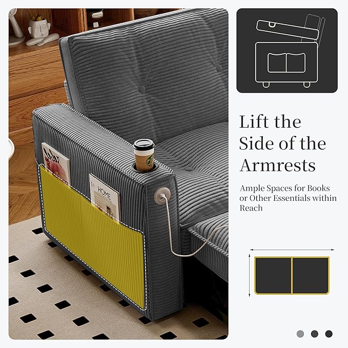 73 Queen Size Sofa Bed Loveseat Sleeper Sofa with Pull Out Bed Pockets and USB Modern 2 Seater Convertible Small Couch for Living Room Bedroom Apartment (Gray Corduroy)