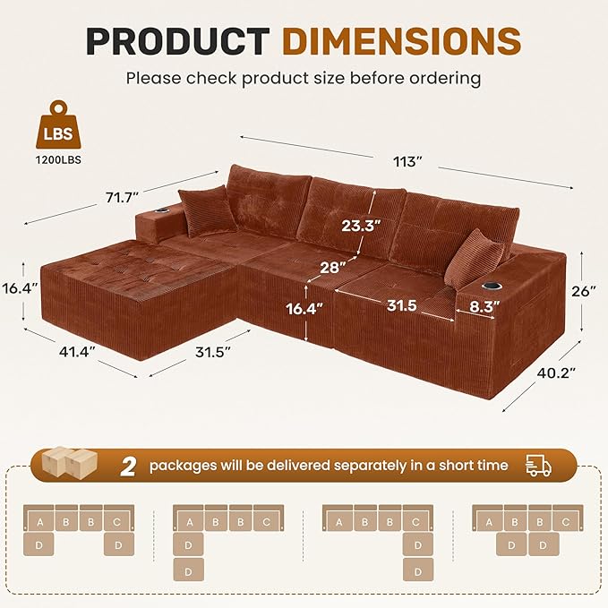 113 Modular Sectional Sofa for Living Room Convertible L-Shape Couch with OttomanModular Sectional SofaReddish Brown Corduroy