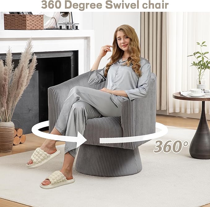Swivel Accent Chair Modern 360° Barrel Chair Corduroy Upholstered Single Sofa for Living Room Bedroom(Gray)