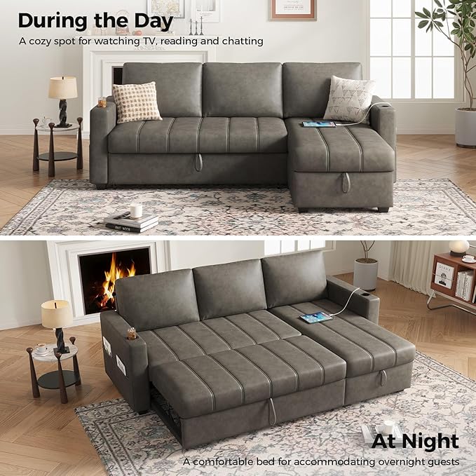 89 inch L-Shaped Sectional Sofa Sleeper with Storage Space &amp Side Pocket Anti-Scratch Faux Leather Couch Bed with USB Port &amp Cup Holder Modern Piano Design Pull Out Bed for Living Room