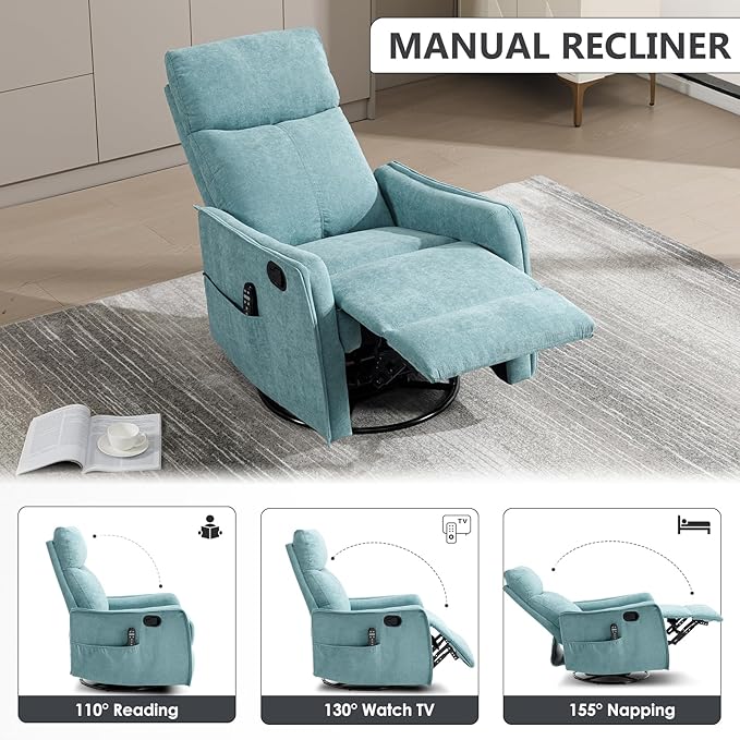 Swivel Rocker Recliner Chair 360° Swivel Recliner with Heat and Massage Rocker Recliner Easy to Clean Nursery Glider Recliner Chair with Side Pockets for Living Room Mint Green