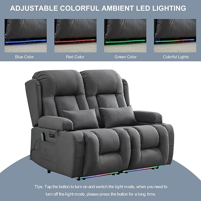 TUNYI Wall Hugger Loveseat Recliner Sofa with Massage &amp Heat Power Reclining Loveseat RV Couch with USB/Outlet/Storage/LED Light/Speaker (Grey)