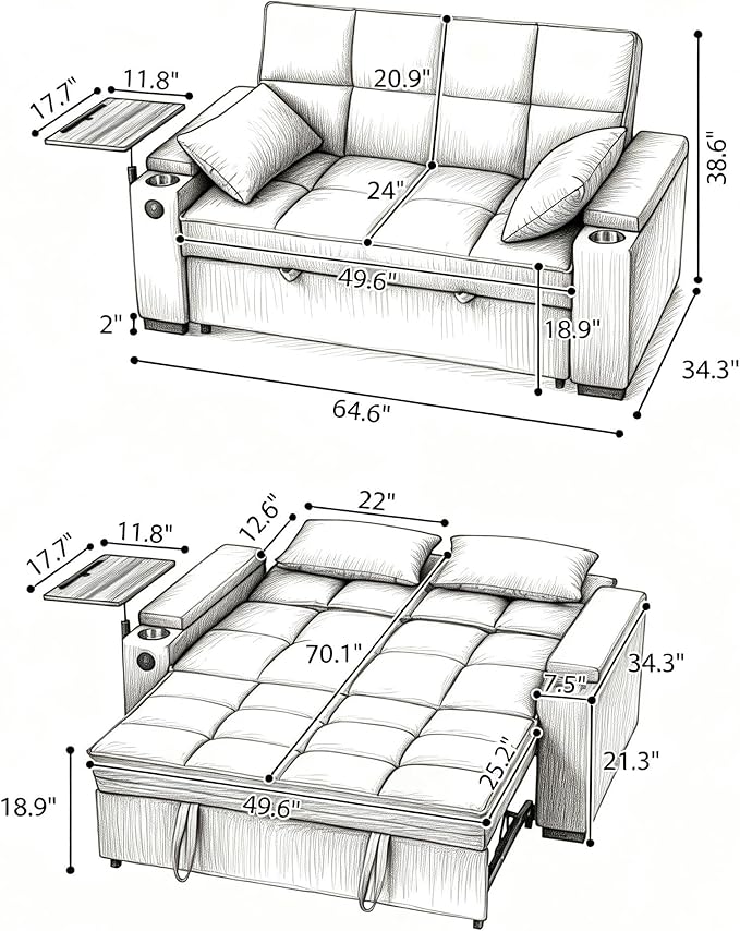 Eafurn Convertible Sleeper Sofa Bed with 360° Swivel Table &amp USB Ports Tufted Chenille Loveseat Pull-Out Couch with Storage Armrest &amp Cup Holders 6-Level Adjustable Backrest