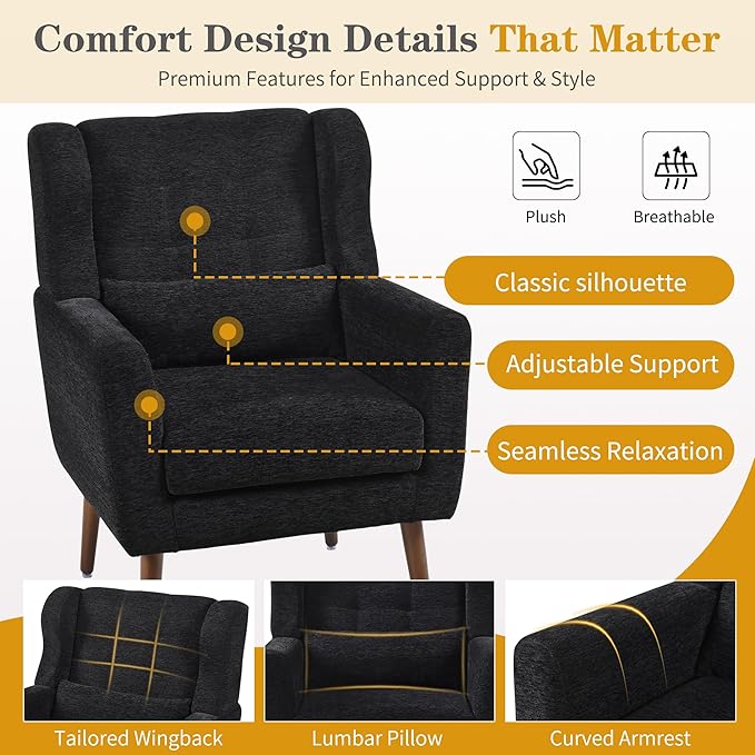 Modern Accent Chair Upholstered Armchair with Pillow Fabric Single Sofa Chair with Lounge Seat Solid Wood Legs Accent Chair for Living Room Bedroom Small Spaces(Black)
