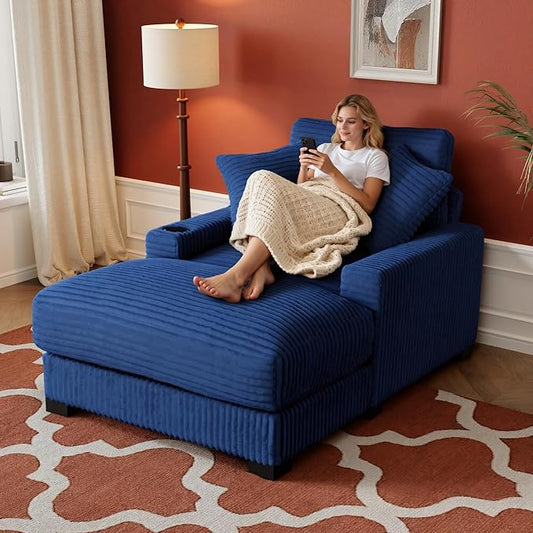 Oversized 60 Chaise Lounge Chair with Adjustable Backrest Solid Wood Frame Corduroy Upholstery Cup Holder USB &amp Type-C Port 2 Pillows Sleeper Couch Deep Seat for Living Room Bedroom Blue