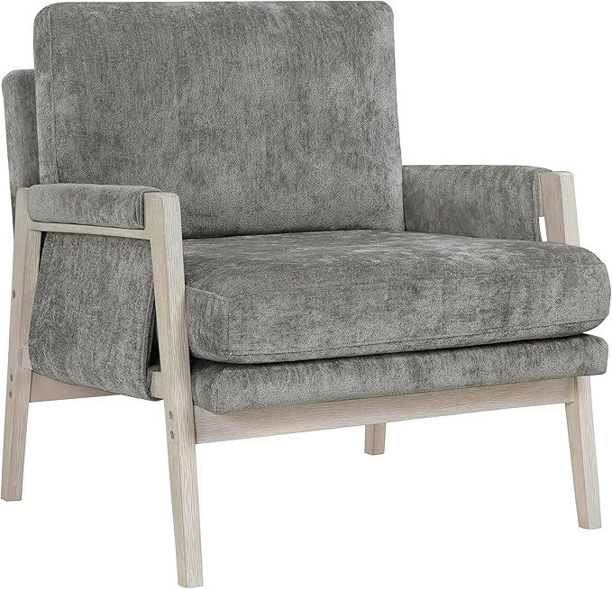 Lexicon Living Room Accent Chair with Wire-Brushed Light Brownish-Gray Wood Frame Chenille Upholstered Arm Chair with Wrapped Arm Rest Thick Seat Cushion Brownish Gray