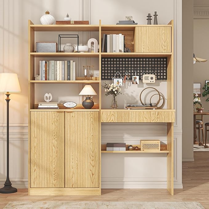 63 Tall Computer Desk with Hutch Fluted Wood Home Office Desk with Charging Station Drawer &amp Storage Cabinet Oak Workstation for Work &amp Study
