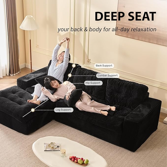 Modular Sectional Sofa 102” L-Shaped Corduroy Couch with Ottoman Deep Seat Comfy Sectional for Living Room Set of Soft Upholstered Cloud Couch for Apartment Black