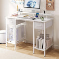 White Computer Desk with Drawers 42 Inch Home Office Desk Study Writing Table Gaming Desk with USB Power Outlets Office Desk with Fabric Drawer Work Table with Shelf for Bedroom White