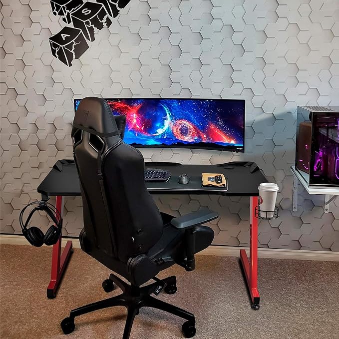 Greesum 44 Inch Z Shaped Computer Gaming Desk Home Office Table with Carbon Fiber Surface Cup Holder &amp Headphone Hook Red (GS-ZGD1RD)