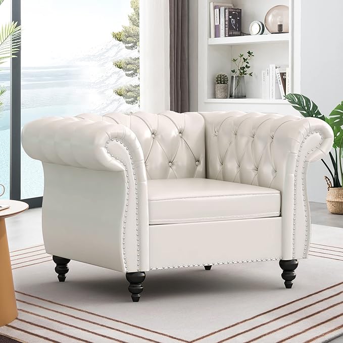 Accent Sofa Chair for Living Room Modern PU Leather Upholstered Armchair Oversized Comfy Single Sofa Chair with Cushion Mid Century Tufted Chesterfield Sofa Couch for Bedroom Apartment (White)