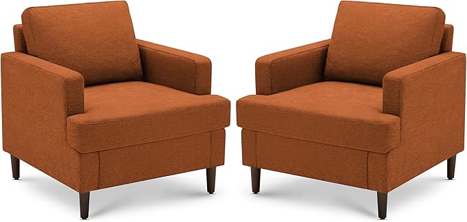 Mid-Century Accent ChairModern Linen Fabric Armchair for Living RoomComfy Upholstered Reading Accent Chairs for BedroomSingle Sofa Chair with Wood Legs (Orange 2 Pack)