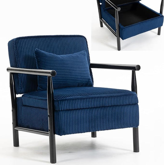 Accent Chair with Storage Upholstered Chair with Removable Cushion Comfy Reading Nook Chairs &amp Cozy Corner Chairs for Small Spaces Living Room Bedroom Corduroy|Vintage|Solid Wood Frame (Blue)