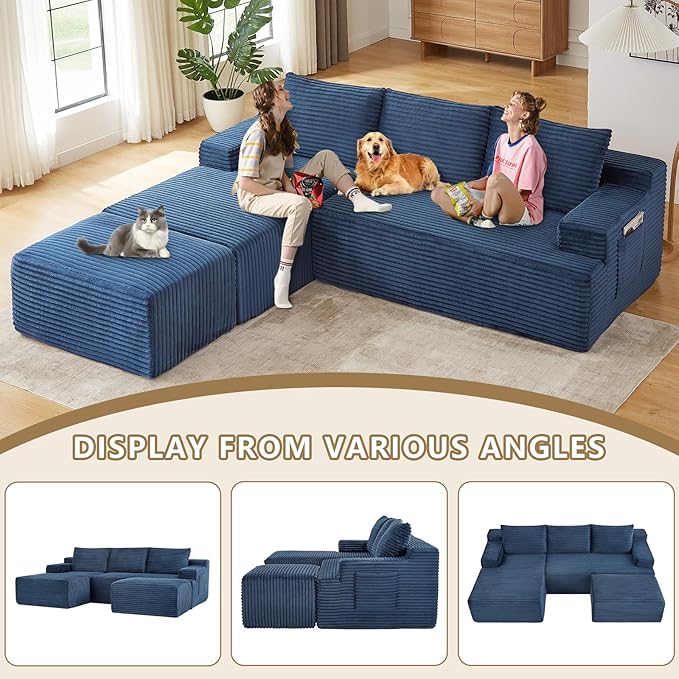 96 Cloud Sectional Couch with U-Shaped Chaise Corduroy Sectional Sofa with Ottoman Deep Seat Boneless Couch with Side Pocket for Living Room No Assembly Required (Blue Left Facing Chaise)