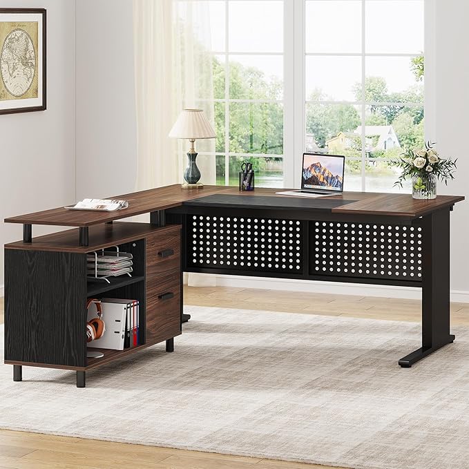 Tribesigns 63 Inch Executive Desk with File Cabinet Large Office Desk L Shaped Computer Desk with Drawers and Storage Shelves Business Furniture Desk for Home Office Dark Walnut and Black