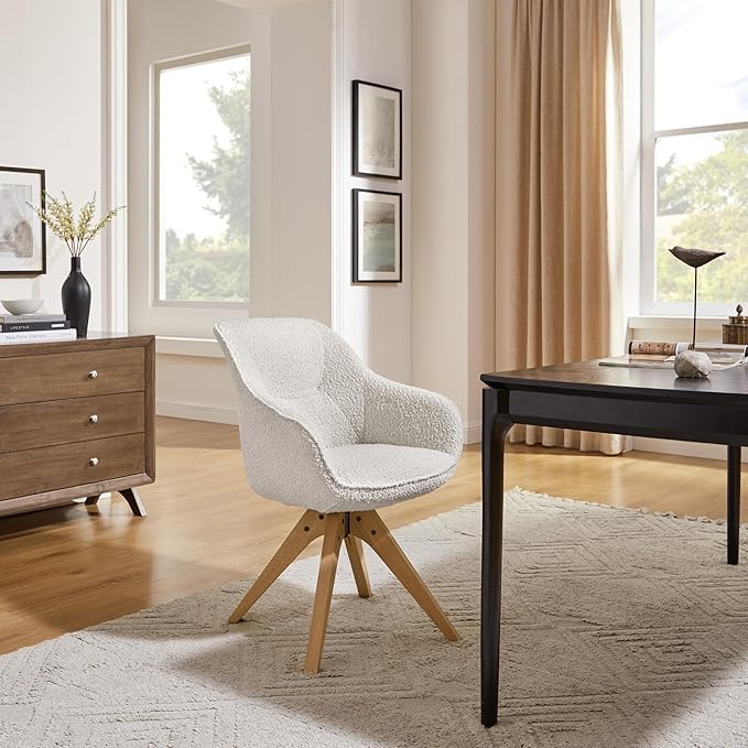 Art Leon Swivel Accent Chair - Mid Century Modern Desk Chair No Wheels Boucle Fabric Upholstered Armchair with Natural Oak Wood Lges White