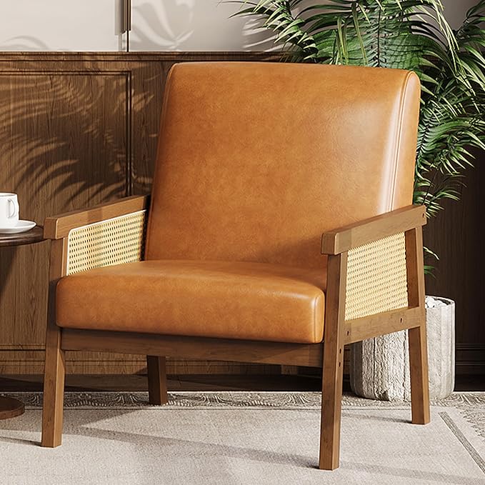 GAOMON PU Leather Accent Chair Rattan Armchair with Wooden Armrest and Legs Modern Lounge Chair for Living Room/Bedroom/Reading Room/Waiting Room Brown