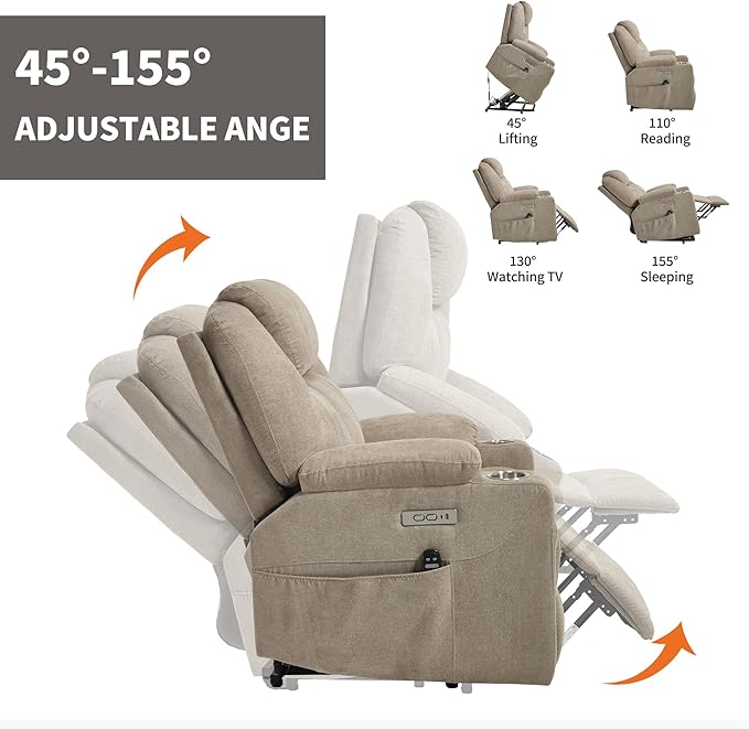 Chenille Electric Power Lift Recliner Chair Massage Single Sofa with Vibration Massage and Lumbar Heating Ergonomic Lounge Couch with Cup Holders and USB Charge Port for Living Room (Khaki)